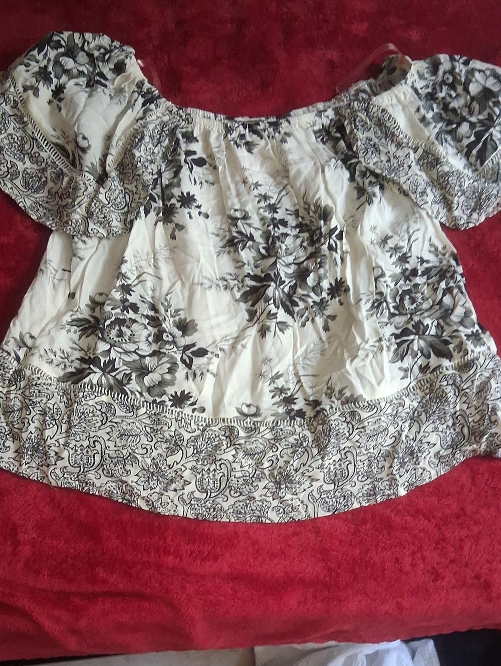 Flying Tomato Cream and Black Floral Off-Shoulder Blouse